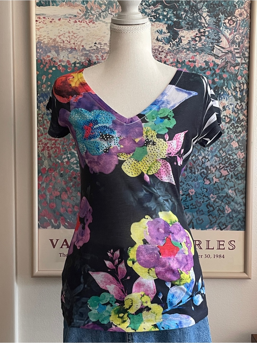 Caché Watercolor Floral Rhinestone Top Sz M Black Zebra Sleeve Fitted Y2K Glam